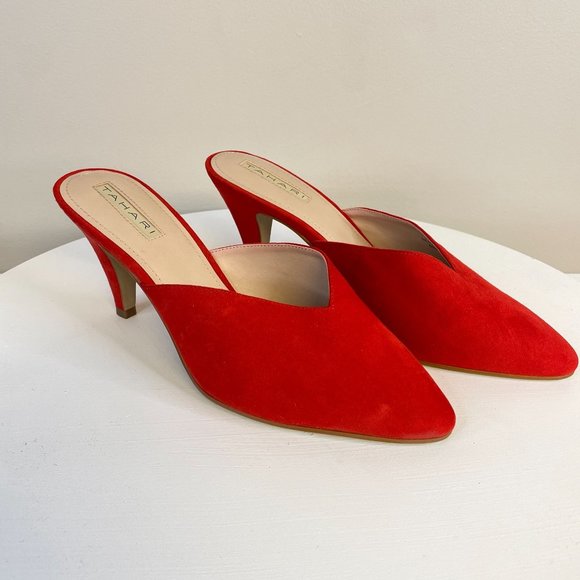 Tahari Shoes - Tahari Heels 8.5 Poppy Red Suede Mules Newbury Slip On Womens Pointed Shoes